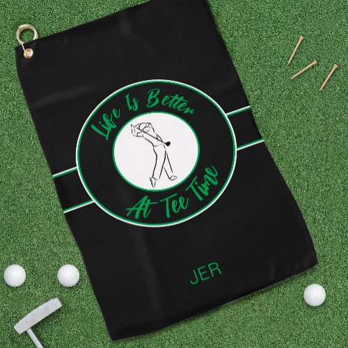 Golfer Humor Tee Time Sport Monogram Black  Green Golf Towel