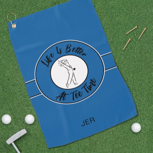 Golfer Humor Tee Time Sport Monogram Blue Black Golf Towel