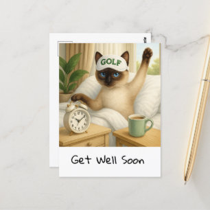 Golfer in bed for cat lovers to get well soon postcard