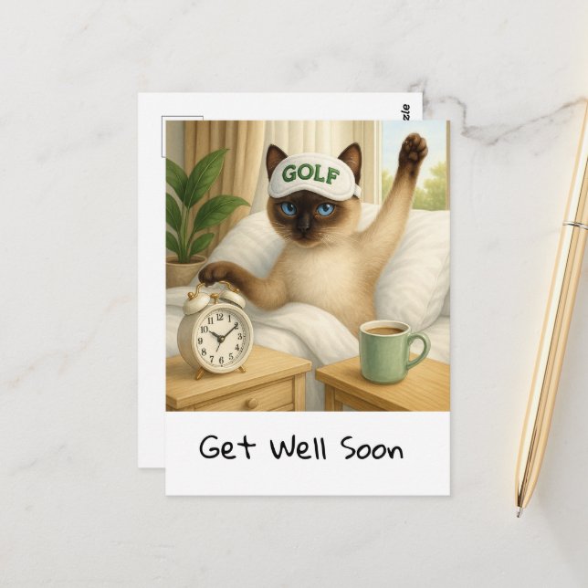 Golfer in bed for cat lovers to get well soon postcard (Front/Back In Situ)