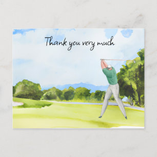 Golfer in golf course watercolor thank you card