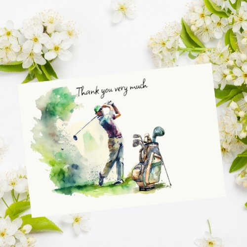 Golfer in golf course watercolor thank you card
