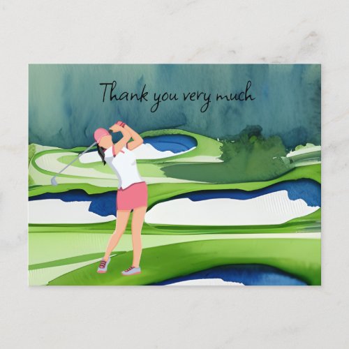 Golfer in golf course watercolor thank you card