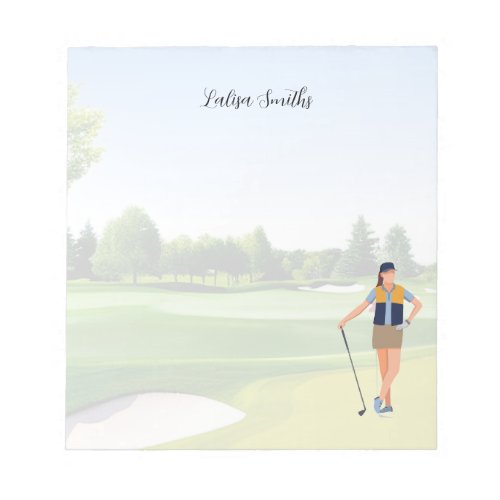 Golfer lady is golfing note pad