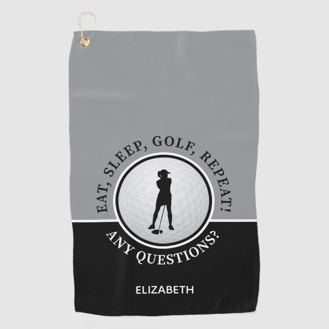 Golfer Lady Silhouette Golf Ball Quote Black Gray  Golf Towel (Front)