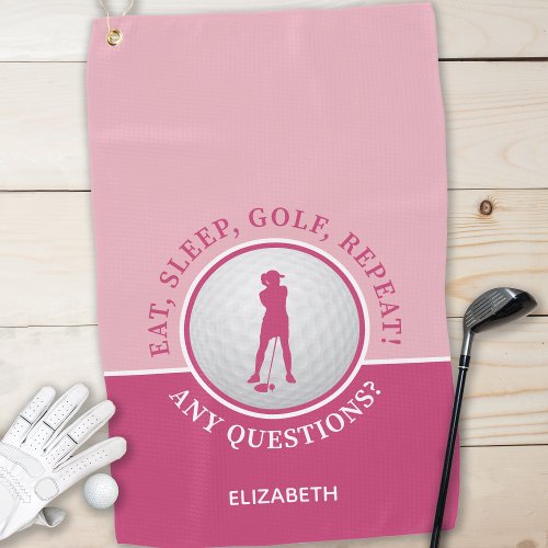 Golfer Lady Silhouette Golf Ball Quote Chic Pink Golf Towel