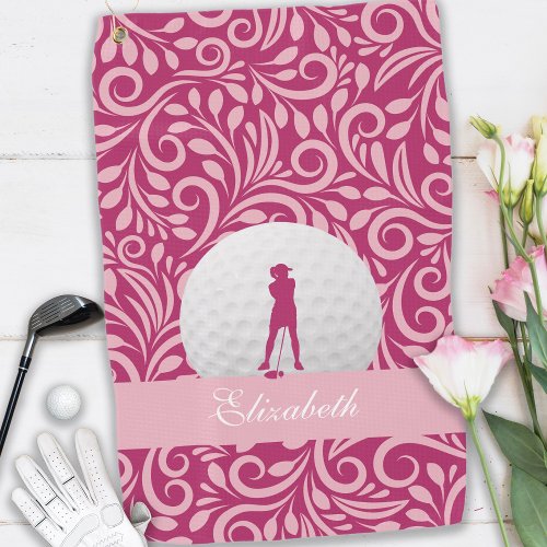 Golfer Lady Silhouette Pink Girly Custom Name Golf Towel