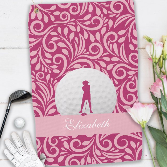 Golfer Lady Silhouette Pink Girly Custom Name Golf Towel (Creator Uploaded)