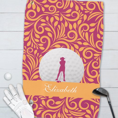 Golfer Lady Silhouette Pink Orange Girly Custom Golf Towel