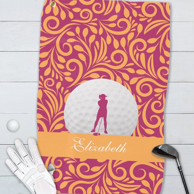 Golfer Lady Silhouette Pink Orange Girly Custom Golf Towel (Golfer Lady Silhouette Pink Orange Girly Custom Golf Towel)