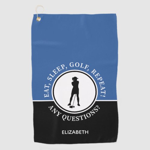 Golfer Lady Silhouette Sports Black Blue For Her Golf Towel