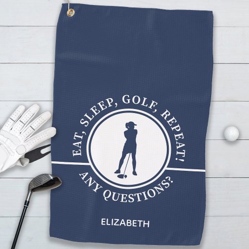 Golfer Lady Silhouette Sports Blue For Her Funny Golf Towel