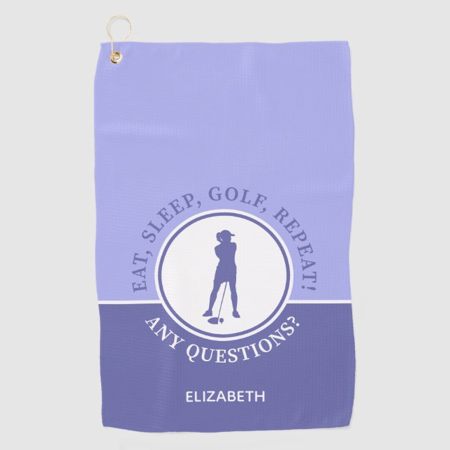 Golfer Lady Silhouette Sports Girly Periwinkle Golf Towel (Front)