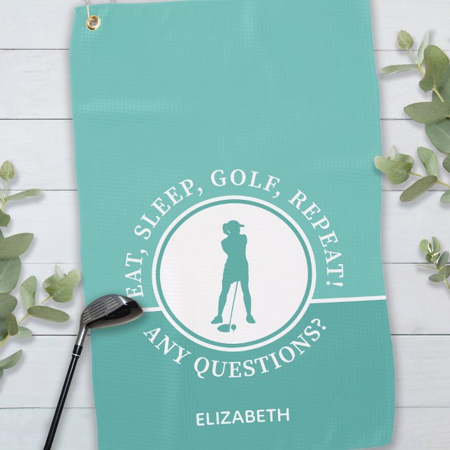 Golfer Lady Silhouette Sports Girly Teal For Her Golf Towel (Golfer Lady Silhouette Sports Girly Teal For Her Golf Towel)