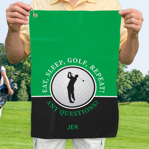 Golfer Male Silhouette Golf Ball Quote Black Green Golf Towel
