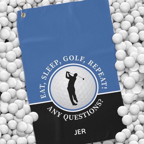 Golfer Male Silhouette Golf Ball Quote Blue Black Golf Towel