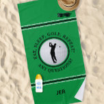 Golfer Male Sports Pro Golf Ball Cute Green Black Beach Towel<br><div class="desc">Modern design features a preppy green background showcasing a realistic golf ball with a male golfer silhouette in classic black accented with white and black color stripes. Fun golf quote text reads, "Eat, Sleep, Golf, Repeat! Any Questions" in black typography. Customize with name, initials or short line of custom text....</div>