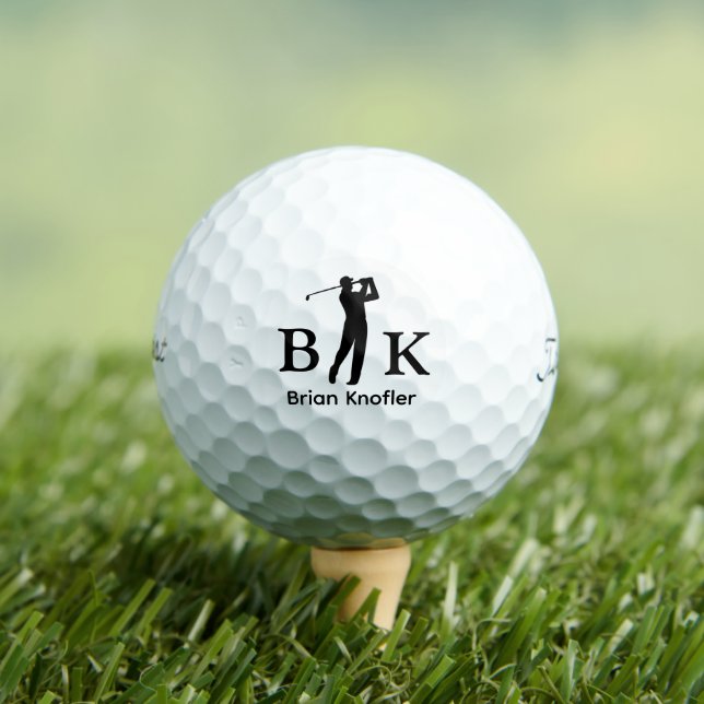 Golfer Man Black Initials - Elegant White Golf Balls (Insitu Tee)