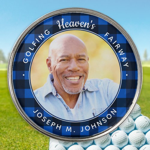 Golfer Memorial Blue Plaid Personalized Photo  Golf Ball Marker