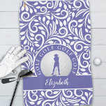 Golfer Modern Pattern Name Periwinkle Blue Sports Golf Towel<br><div class="desc">This custom design features a female golfer silhouette set on a realistic golf ball image. The golf ball is placed on a blue circle that is bordered with curved text "GOLF GOLF GOLF GOLF" in white font. A blue band holds a template for a monogrammed name or custom text. The...</div>