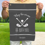 Golfer Modern Sports Equipment Monogram Name Gray Golf Towel<br><div class="desc">May the course be with you! Personalize masculine design by adding the name or initials of your favorite avid golfer! Golf Sentiment Quote typography has been added and features a golf ball and golf clubs silhouette in white on a trendy charcoal gray background and double accent border in white. Font...</div>