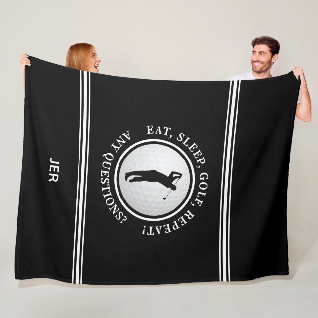 Golfer Modern Sports Monogram Golf Pro Black White Fleece Blanket (In Situ)