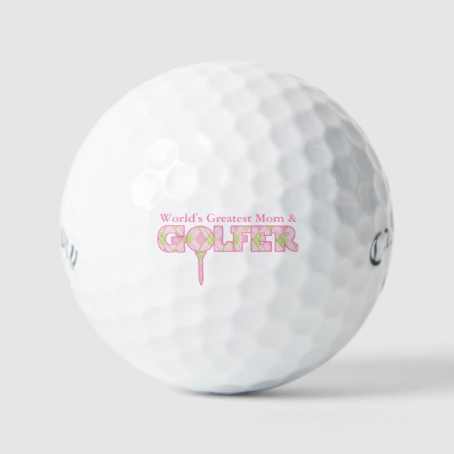 Golfer mom pink green plaid gift golf balls (Front)
