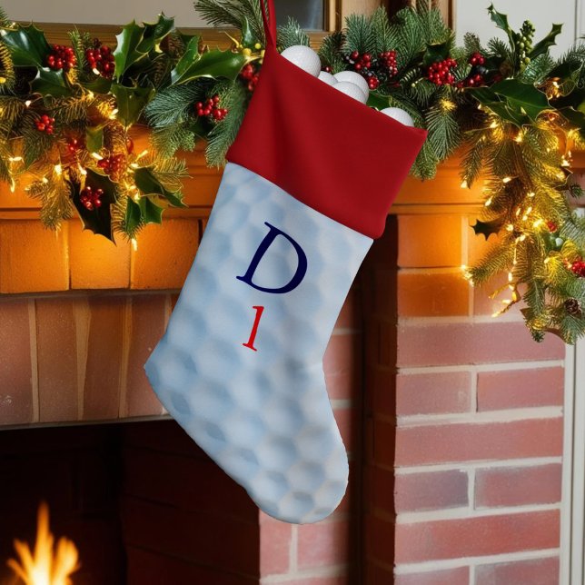 Golfer Monogram Golf Ball Sport Christmas Stocking (Suitable for the Golfing Dad (or Mom) to hang merrily on high for Santa to fill with golf swag.)