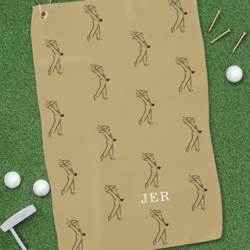 Golfer Monogram Sports Pro Equipment Gold Black Golf Towel