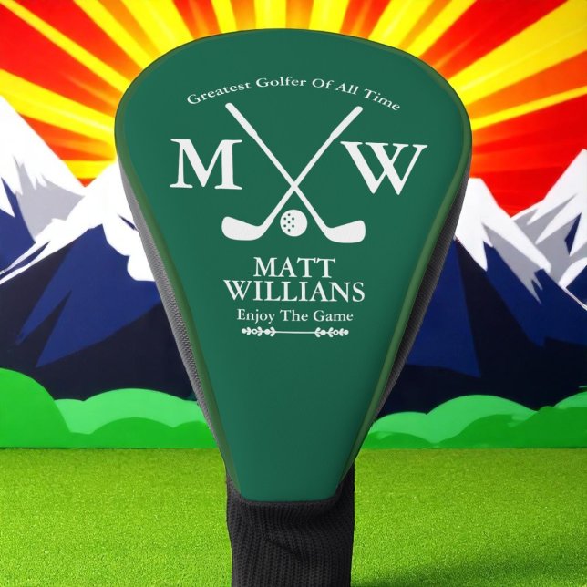 Golfer Monogram white crossed clubs hunter-green Golf Head Cover (Creator Uploaded)