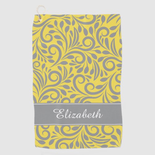 Golfer  Monogrammed Abstract Floral Yellow Gray Golf Towel