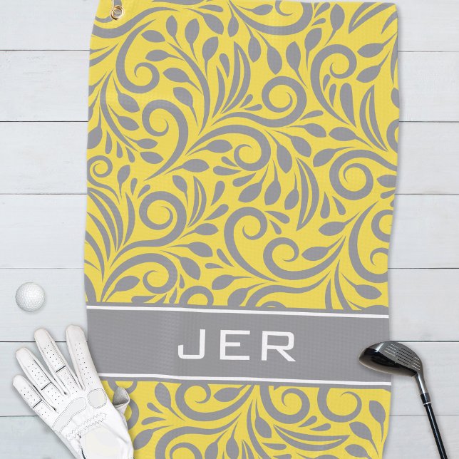 Golfer | Monogrammed Abstract Pattern Yellow Gray Golf Towel (Creator Uploaded)
