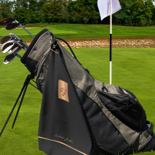 Golfer monogrammed black modern elegant gold golf towel