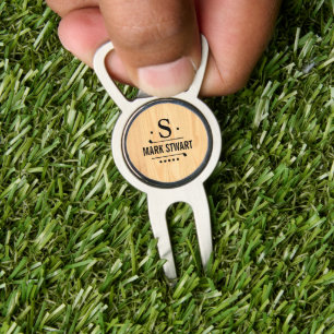 Golfer Name and 1-initial Monogram rustic wood Divot Tool