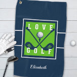 Golfer Name Golf Modern Monogram Sports Blue Green Golf Towel<br><div class="desc">Classic golf design features "Love Golf" in the center in white type arranged with two blue golf clubs and a golf ball all on a bright green background framed in white. The bottom portion contains a modern template for custom monogram, name or text of choice. Message below this listing or...</div>