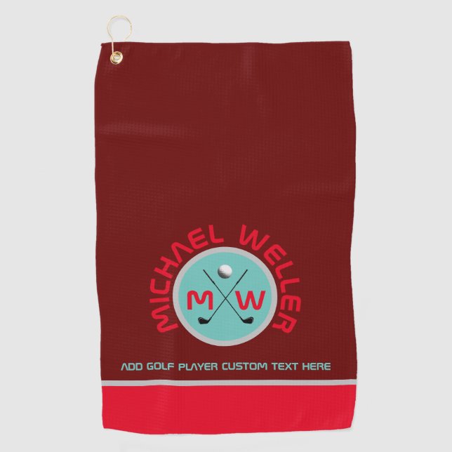golfer name logo burgundy red golf towel (Front)