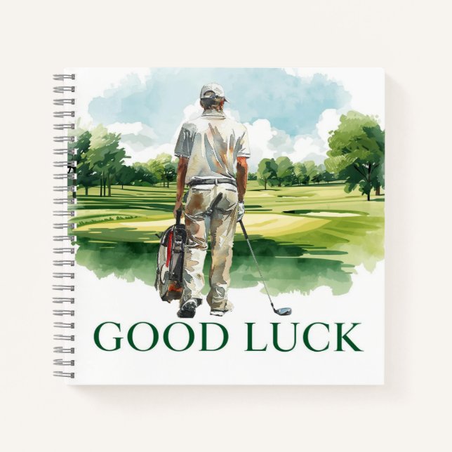 Golfer on fairway with text Good Luck  Notebook (Front)