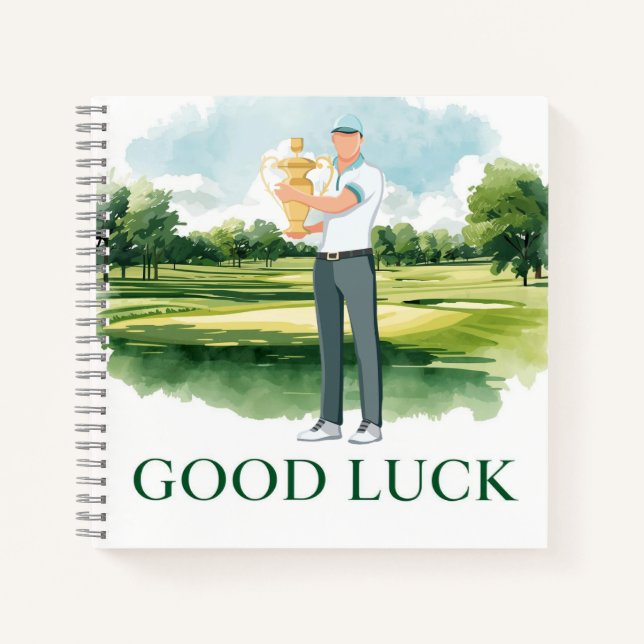 Golfer on fairway with text Good Luck  Notebook (Front)