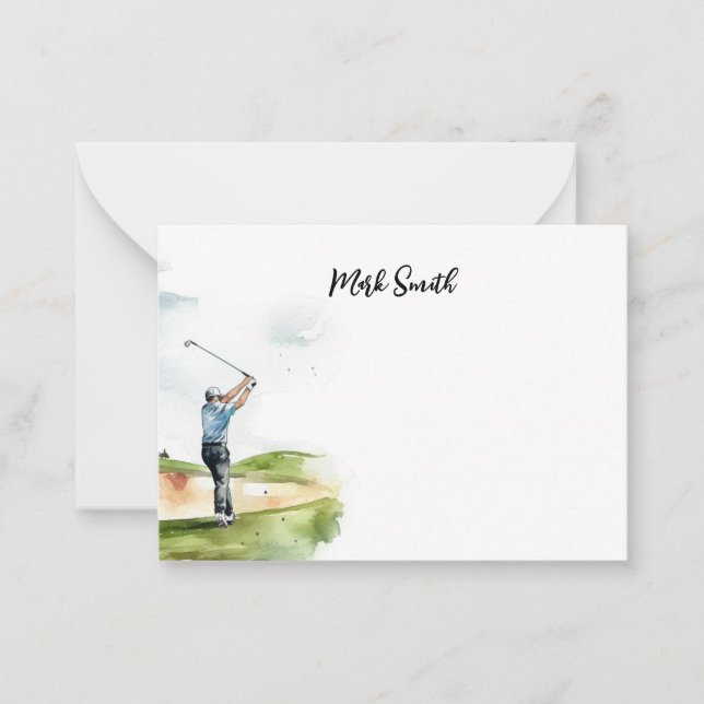 Golfer on golf course with Name for golfer  Note Card (Front)