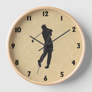 Golfer on Leather Look Black Numbers Square Wall C Clock