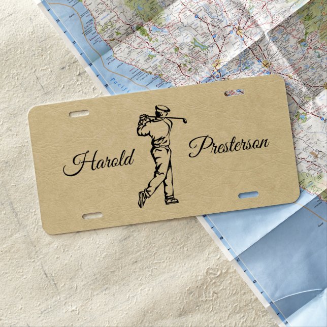 Golfer on Leather Look with Name License Plate (In Situ)