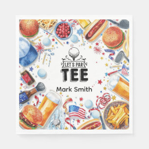 Golfer party with golf equipment and usa food napkins