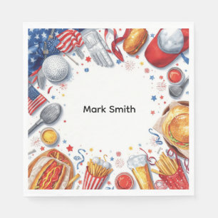 Golfer party with golf equipment and usa food napkins