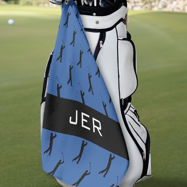 Golfer Pattern Customized Monogrammed Blue Black Golf Towel (Creator Uploaded)