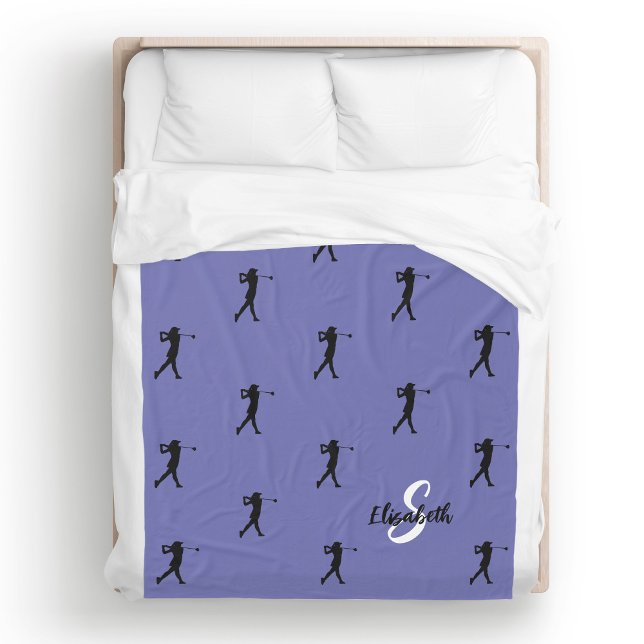 Golfer Pattern Monogrammed Periwinkle Blue Fleece  Blanket (Golfer Pattern Monogrammed Name & Initial Periwinkle Blue Fleece Blanket Unique Golf Gift For Her)
