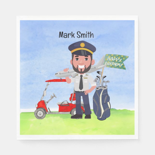 Golfer Pilot Golfing pn Green grass Birthday Party Napkins (Front)