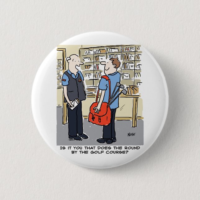 Golfer Postman Loves Golf Cartoon Button (Front)