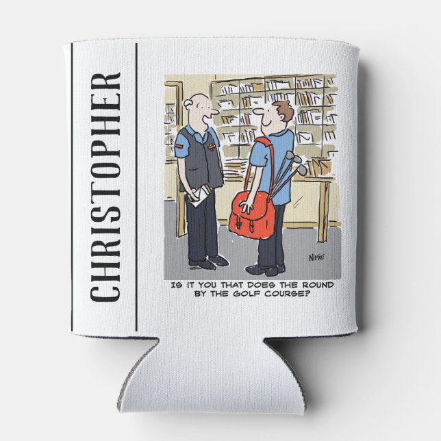 Golfer Postman Loves Golf Cartoon Can Cooler (Back)