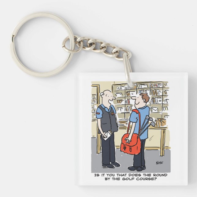 Golfer Postman Loves Golf Cartoon Keychain (Front)