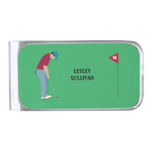 Golfer Putting Ball Themed Green Silver Finish Money Clip